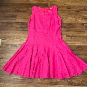 J Crew Pink 100% Linen Fit Flare High Neck Dress‎ Women 8 Summer Coastal Preppy